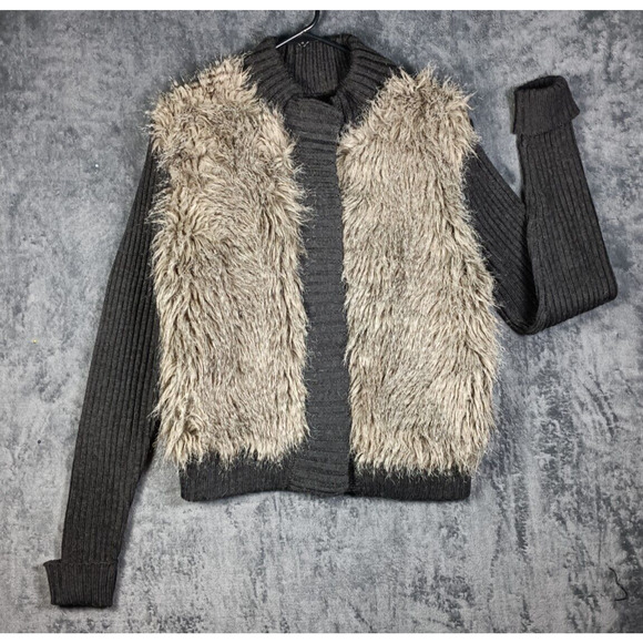 Premise Sweater Women Extra Large Gray Faux Fur Wool Blend Snap Up - Picture 9 of 9